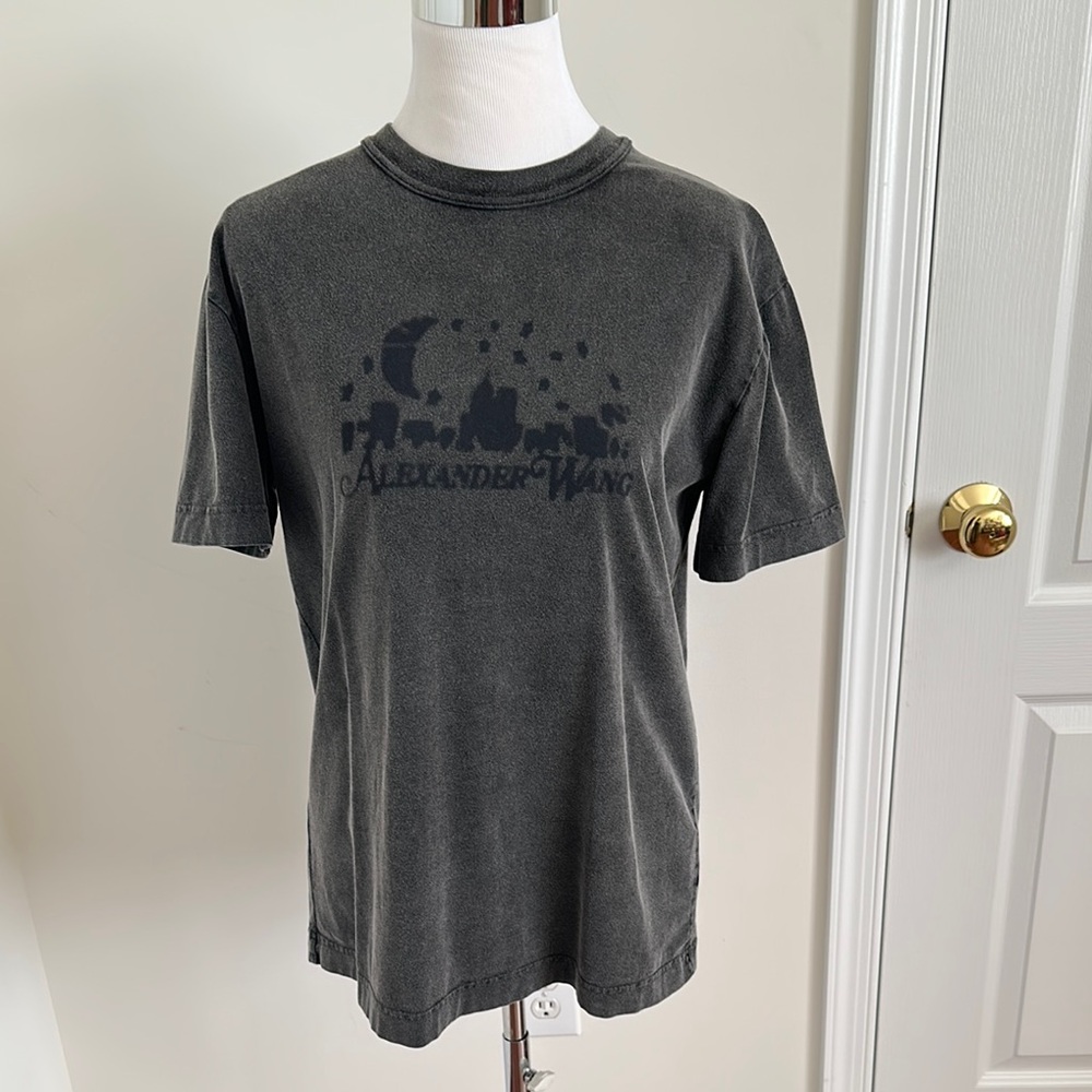 Unisex Alexander Wang Charcoal Distressed Skyline Logo Oversized Tee. Size XS
